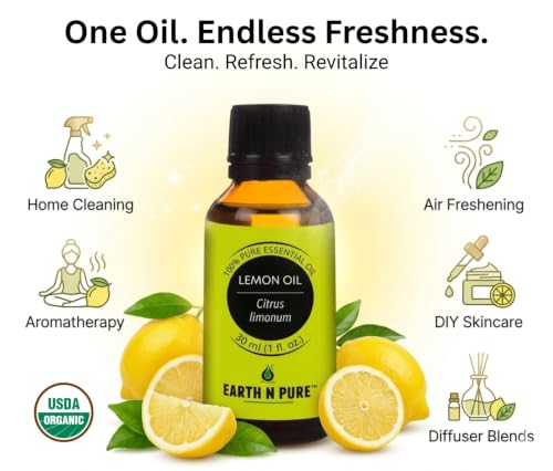 Image of Earth N Pure Lemon Essential Oil 100% Pure & Natural | for Diffuser, Aromatherapy, Skin Care, Hair Care & Cleaning | Citrus Aroma for Fresh Mood & Home Use | Undiluted Therapeutic Grade - 30ml