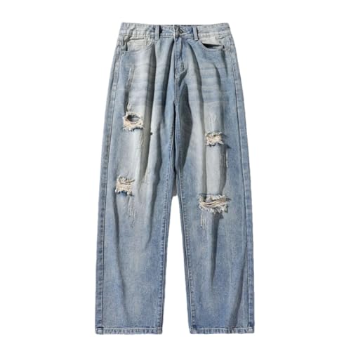 Men Straight Jeans Denim Wide Leg Trousers Casual Streetwear Vintage Ripped Pants