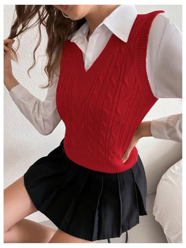 Image of Milumia Women's Cable Knit V Neck Sweater Vest Sleeveless Ribbed Crop Tank Top