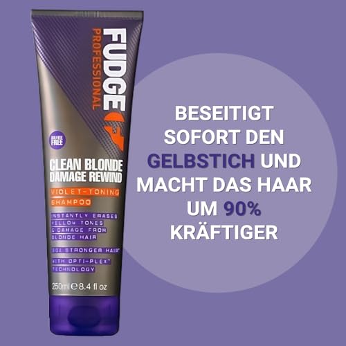 Fudge Professional Clean Blonde Damage Rewind Shampoo | Intensives violettes Tönungsshampoo für blondes Haar, Bond Repair-Technologie, sulfatfrei – 250 ml