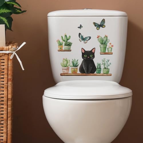 Vinilo Decorativo Gato Negro con Cactus y Mariposas miniatura 4