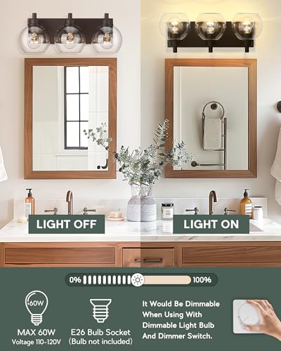 Image of 3-Light Bathroom Vanity Light, Oil Rubbed Bronze, Clear Globe Glass | 18 inch ORB vanity light for 22-28 inches mirrors, clear globe glass shades, E26 base, hardwired, up /down mount, VL195-ORB-3