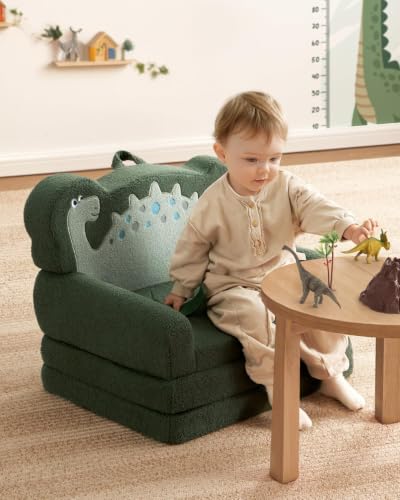 Image of Blissful Diary Foldable Kids Couch, 2-in-1 Kids Sofa Chair, Green Dinosaur