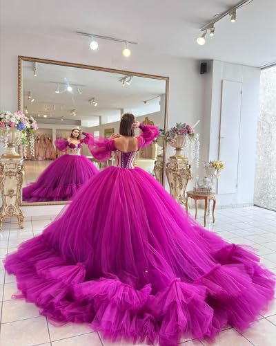 Puffy Quinceanera Dresses with Train Sparkly Diamonds Sweet 15 16 Dresses Ball Gown with Sleeves YU0012