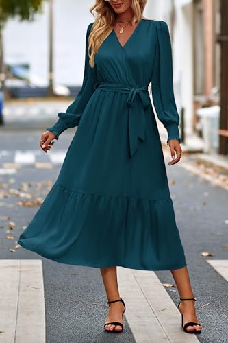 Image of PRETTYGARDEN Women's Floral Boho Dress Fall Long Sleeve Wrap V Neck Ruffle Flowy Maxi Spring Wedding Guest Vacation Dresses