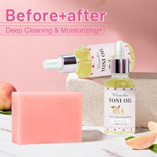 3 PCS Yoni Oil Yoni Bar Soap Set for Women pH Balance, Feminine Oil Feminine Wash Vaginal Moisturizer Odor Eliminator, Natural Feminine Care, 2* 1fl. oz Yoni Essential Oil, 1* Yoni Bar 3.53oz(Peach)
