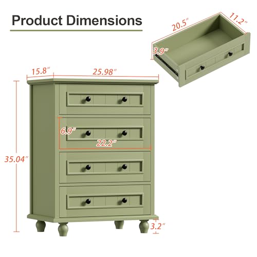 Image of 4 Drawer Dresser for Bedroom, 35'' Tall Storage Chest of Drawers, Green