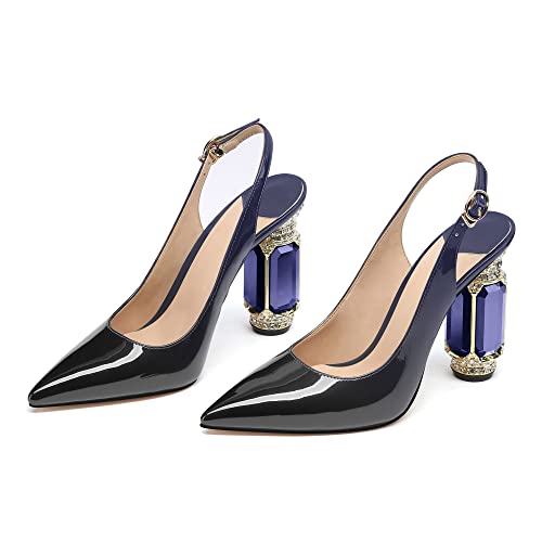 Image of JANSEVEN Women Chunky Heels Pumps Crystal Block Heels with Rhinestones Pointed Toe Sexy Gradient Patent Leather Slip on Bridal Party Wedding Dress Shoes 5-13 M US