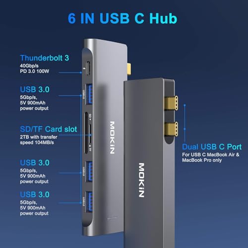 Image of USB C Adapter for MacBook Pro /Air M1 M2 2021 2020 2019 2018,MOKiN Hub MacBook Pro Accessories with 3 USB 3.0 Ports,USB C to SD /microSD Card Reader and 100W Thunderbolt 3 PD Port