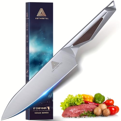 AETHMETAL 8 Inch Chef Knife, Full-Metal Kitchen Knife with Ergonomic Handle, High-Carbon Stainless Steel Chef’s Knife for Home & Pro Cooking, Precision Cutting, Gift-Ready Packaging