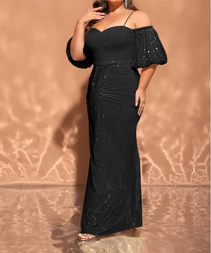 Image of Women's Plus Size Off The Shoulder Puff Sleeve Dress Sequin Formal Maxi Evening Cocktail Party Gowns