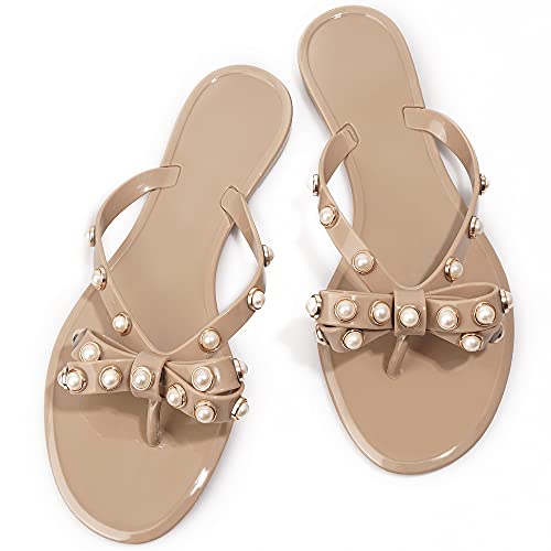 Image of TYFLOVE Women Rivet Flip Flops Studded Jelly Thong Sandals with Bow Summer Bowtie Flat Beach Rain Shoes