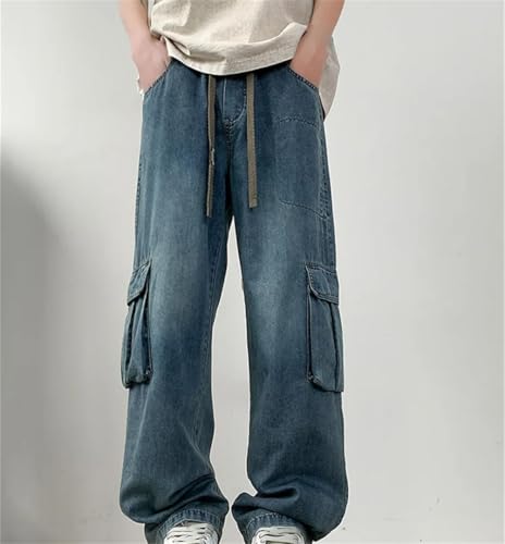 Men's Summer Cargo Jeans Flap Pockets Wide Leg Baggy Denim Pants Drawstring Straight Leg Trousers3