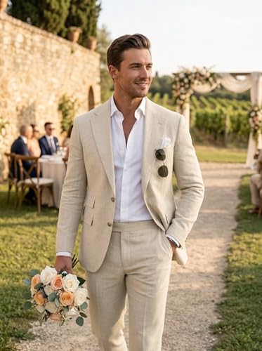 Image of Men's Linen Suit 2 Piece Slim Fit Summer Beach Wedding Prom Party | Breathable,Linen Blazer Suit Set,for Beach Weddings,Groom Wear,Prom and Outdoor Parties,Business Casual,Vacation Daily Wear