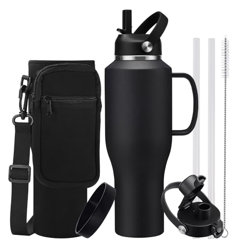 Image of 40oz Insulated Water-Bottle with Handle - Straw & Auto Chug Lid, Protective Boot, Carrier Bag, Stainless Steel Water Bottle, Leak-proof Coffee Tumbler, Skinny Flask Fit in Car Bike Cup Holder
