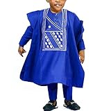 HD Boys African Clothing Gold Embroidery Boubou Caftan Blue Agbada Set for Kids XL
