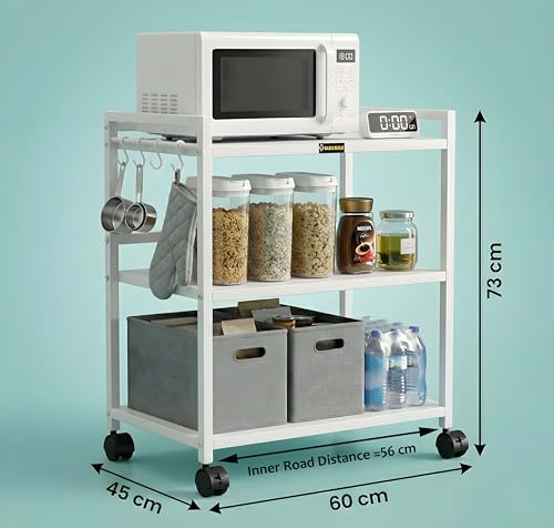 Image of 3 Tier Metal Kitchen Storage Rack with Wheels | Heavy Duty Multipurpose Microwave Oven Stand | Rolling Utility Shelf for Home, Office & Bathroom Organizer (White)