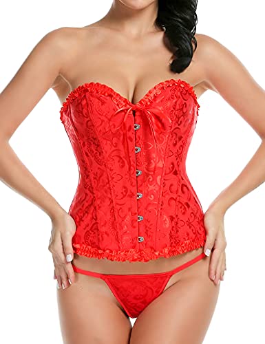 EVAbaby Plus Size Sexy Steel Boned Corset Floral Bustier Body Shaper Lingerie Set for Women Red XL