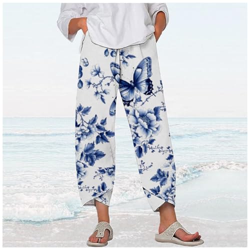 Boho Floral Linen Pants for Women Summer Plus Size Casual Elastic Waist Cropped Beach Vacation Pants with Pockets2