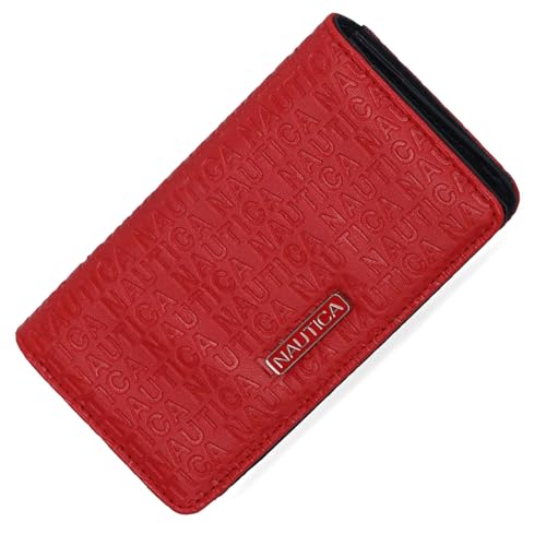 Nautica Seaside Slim Womens Wallet RFID Blocking Credit Card Holder Coin Purse Checkbook Organizer Clutch Small Vegan Leather Wallet for Travel Red (Embossed Logo)