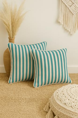 Image of 100% Cotton - Turquoise & White Stripes Cushion Covers Set of 1 (16 x 16 inches) - Cushion Covers for Sofa & Living Room Decor