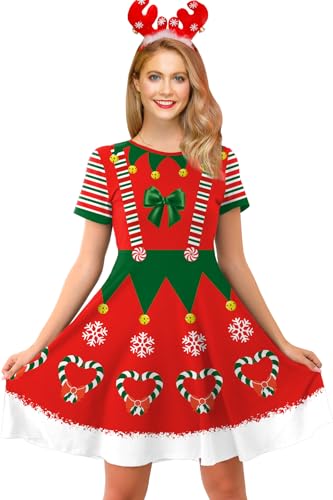 For G and PL Robe de Noël à manches courtes pour femme Motif lutin Père Noël Rouge Vert Taille S à XXL, Rouge/vert, XXL