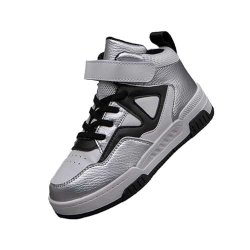 Boys Girls Outdoor Sports Shoes with Leather Upper, Breathable and Comfortable with Soft Padded Neck, Fashionable Retro Street Style, Basketball Shoes Suitable for All Seasons Silver