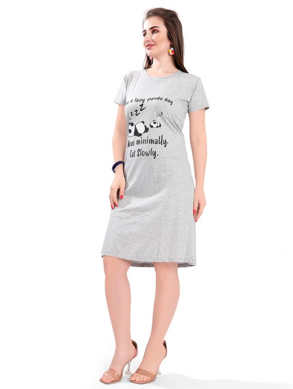 Image of Printed Knee Length Pocket Night Dresses for Women | Cat Lovers | Premium Soft Cotton Nighty | Sky Blue