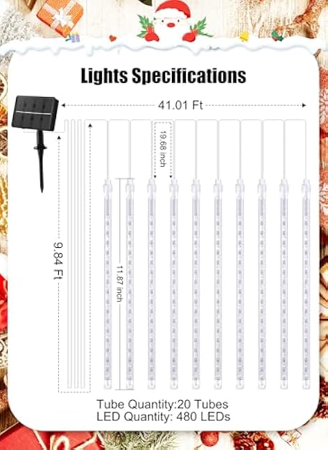 Minetom Solar Meteor Shower Icicle Lights, 20 Tubes 480 LED Christmas Outdoor Waterproof, Cascading Falling Rain for Holiday Party Wedding Decorations, Pure White