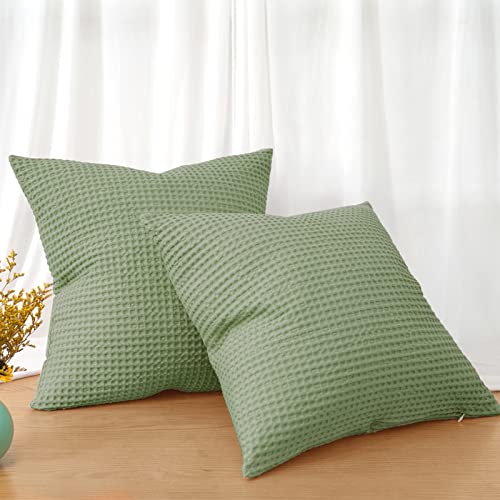 Phf 100% Cotton Waffle Weave Throw Pillow Cover, 20" X 20", No Insert, 2 Pack Elegant Home Decorative Square Throw Pillow Covers For Bed Couch Sofa, Green #TOP4