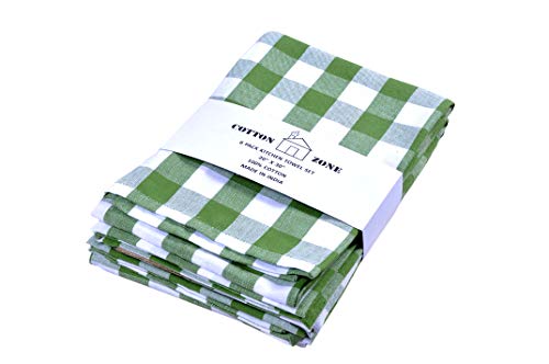 COTTON ZONE Kitchen Towels, 100% Cotton Dish Towels, Green/White, Premium Quality,Mitered Corners,Ultra Soft