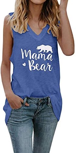 Chuanqi Womens Tank Tops Mama Bear Mother's Day Graphic Tees V Neck Sleeveless Loose Fit T Shirts Blue