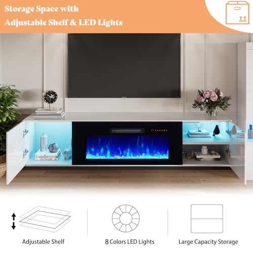 Image of AMERLIFE Floating Fireplace TV Stand, Wall Mounted Mirrored Entertainment Center with 40 inch Electric Fireplace, Modern LED Lights Media Console for TVs Up to 90 inch, White