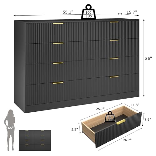 Image of Black Dresser with 8 Drawer 55 inch Wide Fluted Dresser for Bedroom丨Double Drawer Dresser Modern Chest of Drawers with Gold Handle, Wood TV Stand for Bedroom, Living Room, Entryway, Black