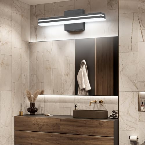 Image of SineRise 16-Inch LED Modern Bathroom Vanity Light Bar, Matte Black Modern Acrylic Bathroom Wall Lighting Fixtures Over Mirror (Cool White 6000K)