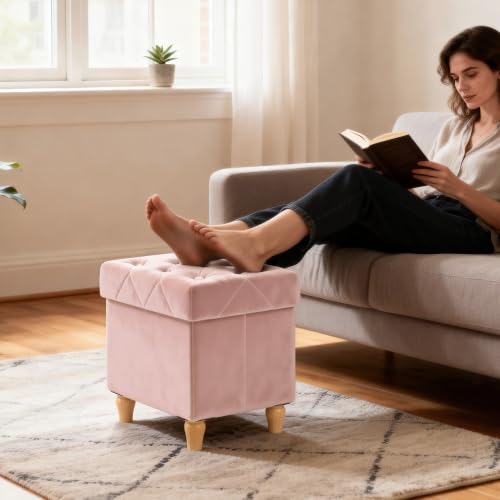Image of CAROLMADE Folding Storage Ottoman Cube Velvet Footstool with Wood Legs Ottoman Footrest for Living Room and Bedroom Pink, 15 inchx12.6 inchx15.4 inch