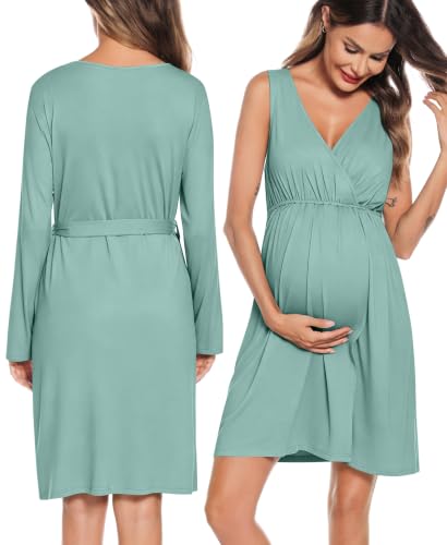 Image of SWOMOG Women Maternity Nursing Gown and Robe Set 3 in 1 Labor Delivery Nursing Nightgown for Breastfeeding Hospital Bathrobe