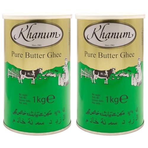 Khanum - Mantequilla pura Ghee 2 x 1 kg – Grasa de mantequilla de alta calidad para freír, cocinar y hornear, perfecta para freír, alto punto de humo, sin aditivos, con adhesivo Kajal