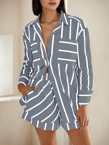 Image of Tankaneo Womens Striped 2 Piece Outfits Button Down Shirts and Shorts Lounge Matching Sets