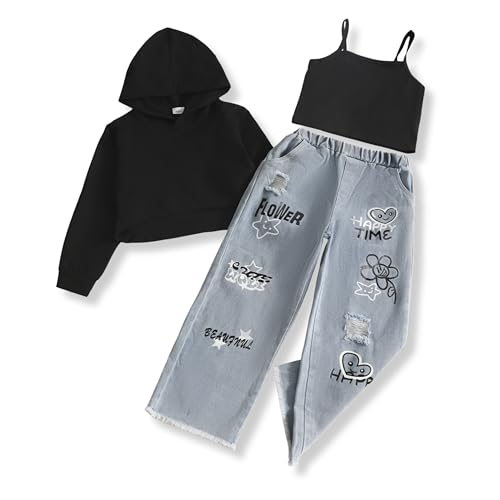 Voxikidio Size 7 8 Years Girls 3PCS Fashion Outfits Set Cropped Hoodie Sweatshirt Cami Top Printed Jeans Fall Winter Clothing Set Black(6-7
