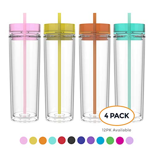 Maars Drinkware Double Wall Insulated Skinny Acrylic Tumblers with Straw and Lid, 16