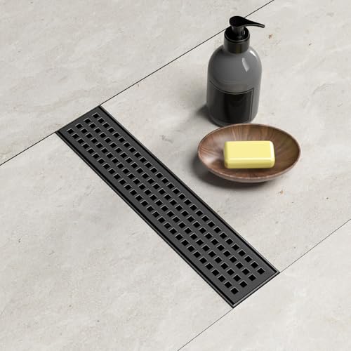Image of BARONAGE Linear Shower Drain 12 Inch, Square Grate, Matte Black | V-shaped Rapid Linear Drains, Rustproof, Hair Catcher, 304 Stainless Steel Rectangle Shower Floor Drain For Bathroom