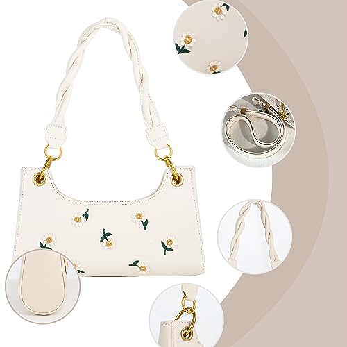 White Daisy Embroidery Underarm Crossbody Shoulder Bag with 2 Removable Straps3