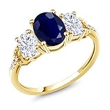 Gem Stone King 2.84 Cttw 10K Yellow Gold Blue Sapphire White Moissanite and Diamond 3-Stone Engagement Ring | Gemstone Birthstone | 3 Stone Wedding Anniversary Promise Ring For Women (Size 7)