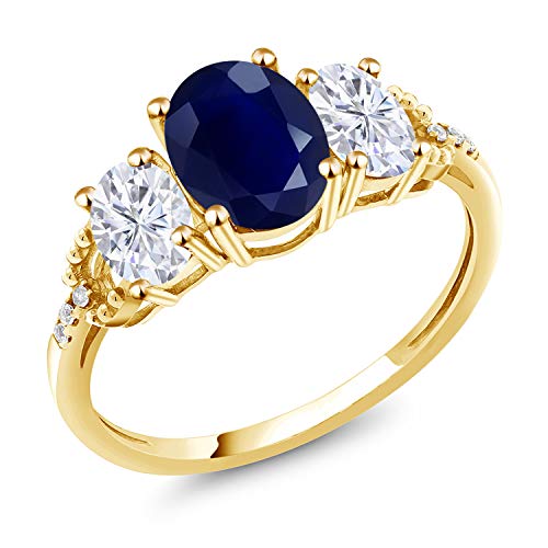 Gem Stone King 2.84 Cttw 10K Yellow Gold Blue Sapphire White Moissanite and Diamond 3-Stone Engagement Ring | Gemstone Birthstone | 3 Stone Wedding Anniversary Promise Ring For Women
