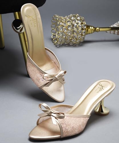 Image of JM LOOKS Women's Kitten Mules Heels Glitter Sparkle Heel with Bow Open Pointed Toe Stiletto Low Heels Party Dress Slip On Backless Sandals