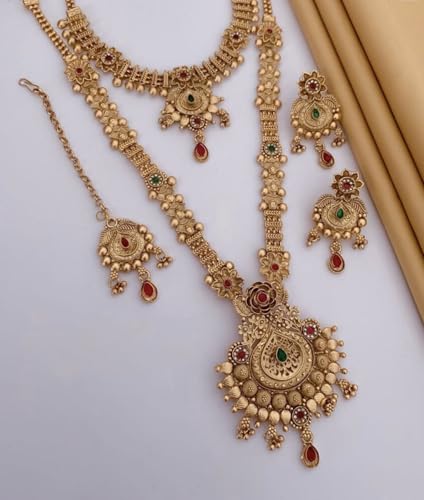 Image of Gold Plated Stone Studded Traditional Jewellery Set | Choker & Long Necklace with Earrings and Maang Tikka | Red & Green Stones