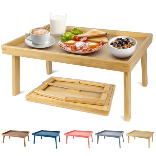 Image of Large Bed Table Tray with Support Bar and Foldable Legs, Bamboo Breakfast Food Trays Table for Bed Sofa Eating and Laptops, TV Lap Tray Table on Couch (Applied for Invention Patent)