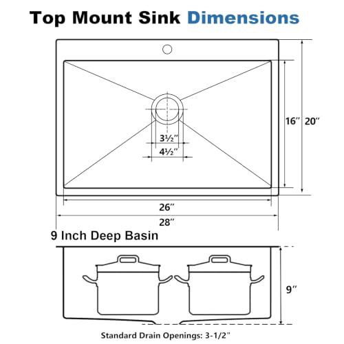 Image of 28 x 20 Inch Drop in Black Kitchen Sink, Gunmetal Black Top Mount Stainless Steel 9 Inch Deep Single Bowl Laundry Utility Wet Prep Sink