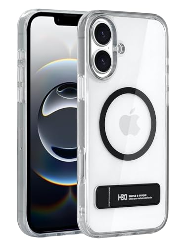 Image of BOUNCEBACK Polycarbonate Shockproof Transparent Hybrid Back Case /Cover with Kick Stand Support Magnetic Charging for iPhone 16 - (Clear Black)